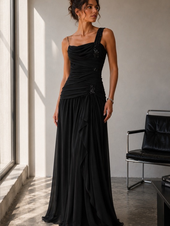 Kira Dresses & Skirts - Vintage Kira cocktail dress draped dress one shoulder black beaded flattering